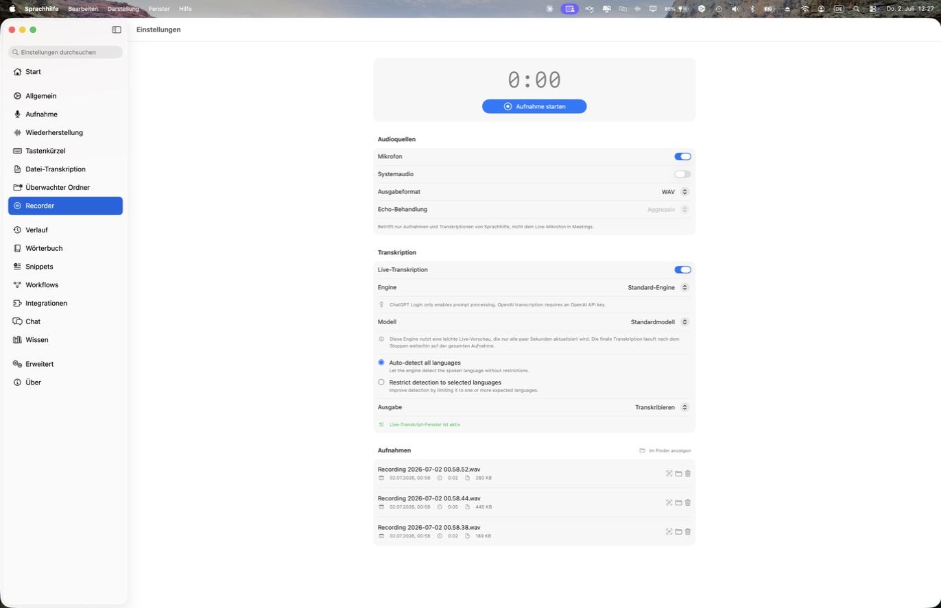 Recorder mit eigenständiger Aufnahme und Live-Transkription