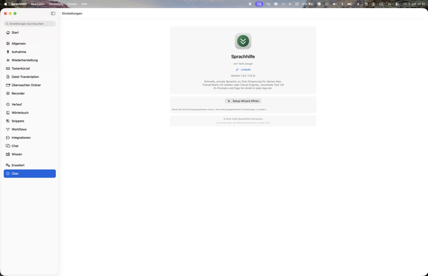 Über-Bereich mit Version, Lizenz und Setup-Wizard