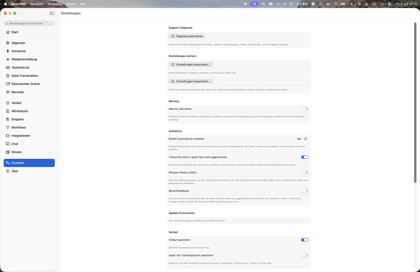 Erweiterte Einstellungen mit Support-Diagnose, Sicherung und Memory